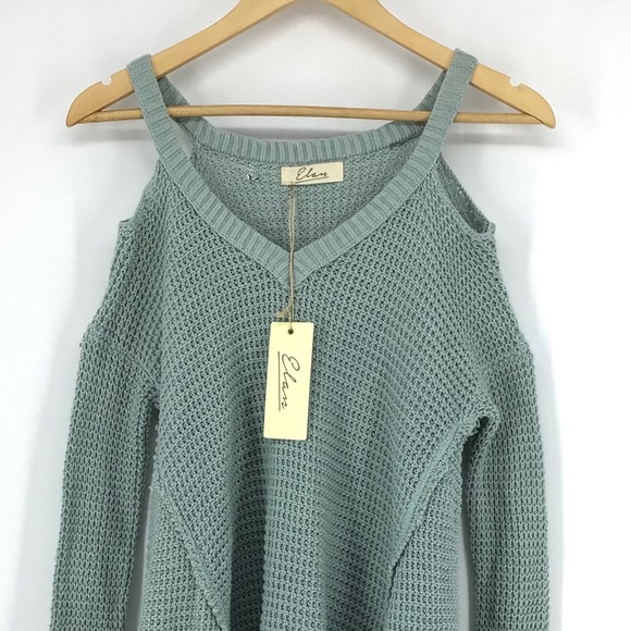 Elan Waffle Mint V-Neck Cold Shoulder Sweater NWT - Picture 2 of 6